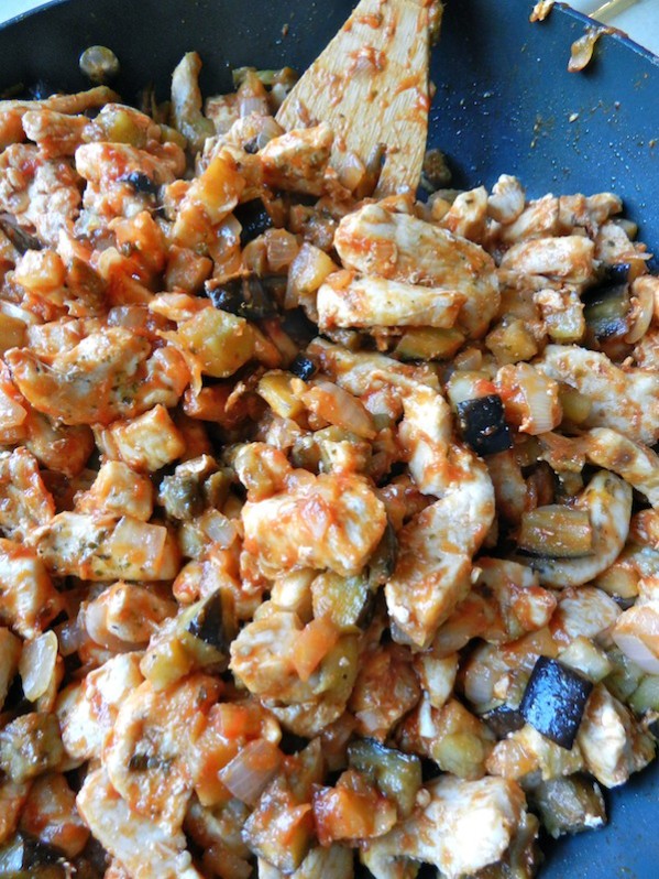 Caramelized Onion, Eggplant & Chicken Gemelli by Rachel Schultz