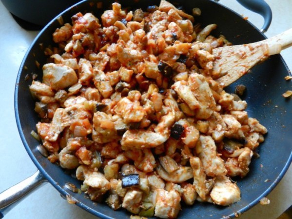 Caramelized Onion, Eggplant & Chicken Gemelli by Rachel Schultz
