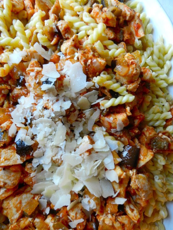 Caramelized Onion, Eggplant & Chicken Gemelli by Rachel Schultz
