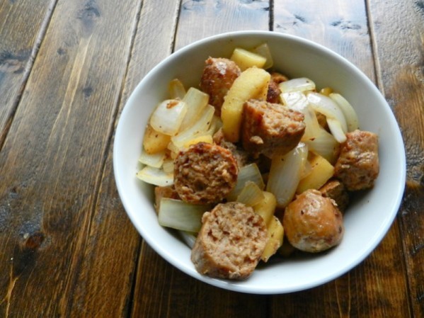 Kielbasa & Apple Stir Fry with Mini Puff Pancakes by Rachel Schultz