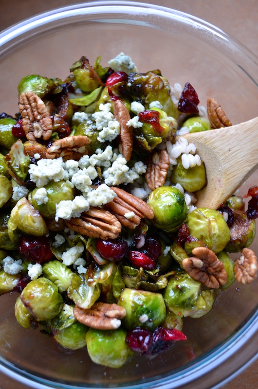 PAN-SEARED BRUSSELS SPROUTS WITH CRANBERRIES & PECANS from Rachel Schultz