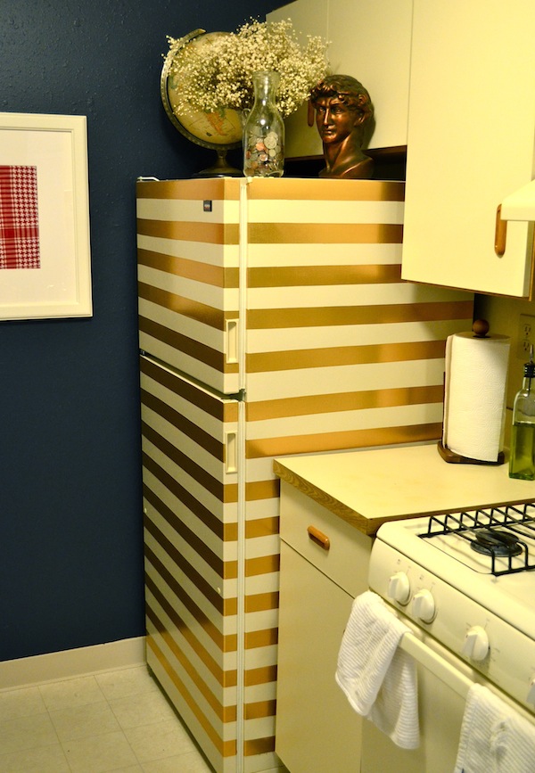 A Gold Striped Fridge (made of duct tape!) from Rachel Schultz
