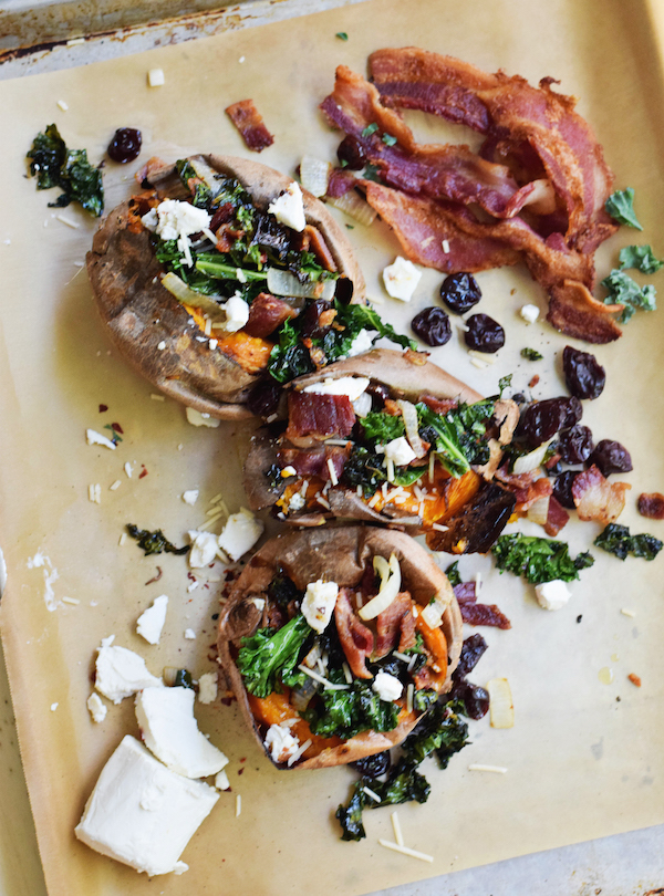 Loaded Goat Cheese Baked Sweet Potatoes
