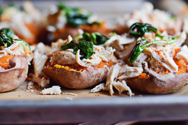 CHIPOTLE CHICKEN TWICE BAKED SWEET POTATOES