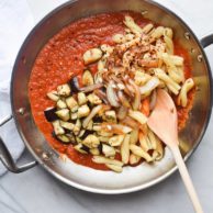 Caramelized Onion and Eggplant Gemelli in Skillet