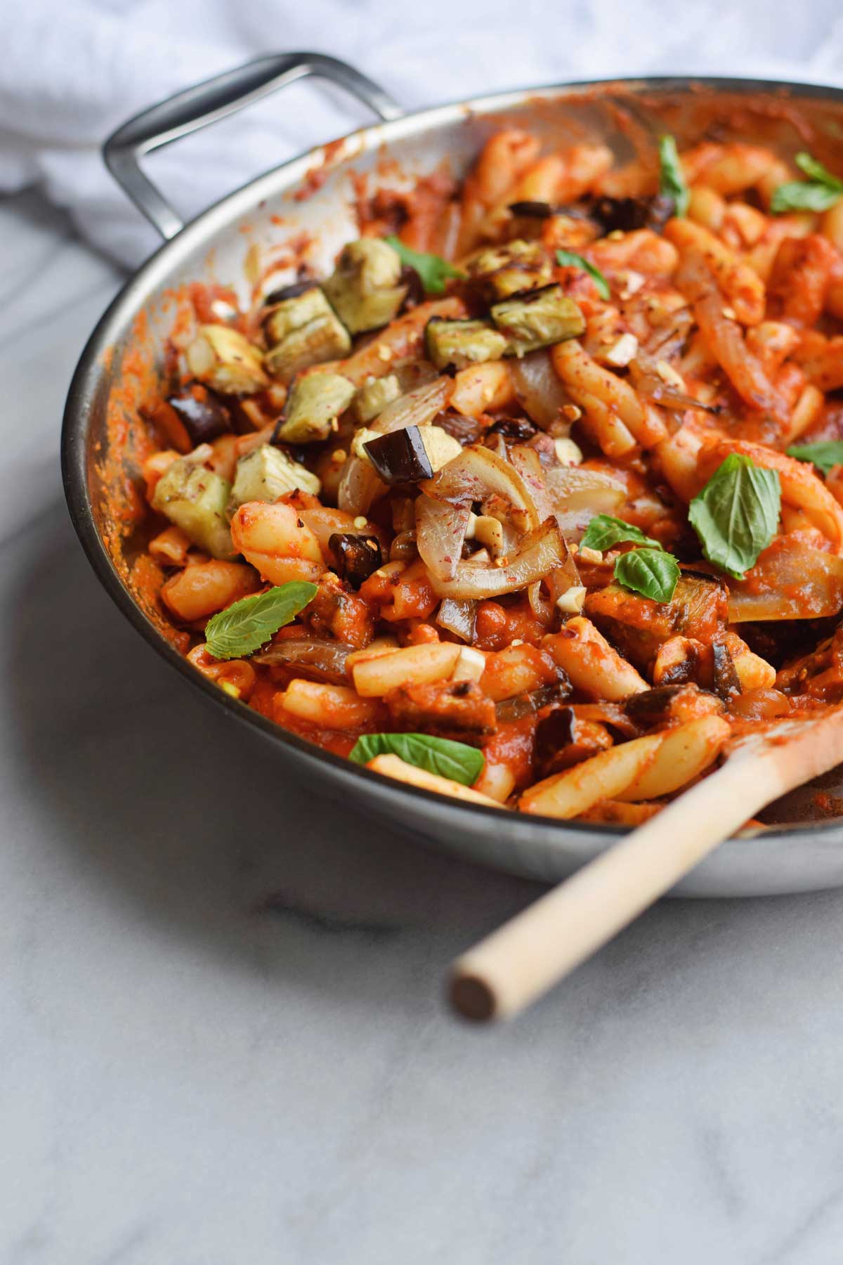 Caramelized Onion and Eggplant Gemelli in Skillet