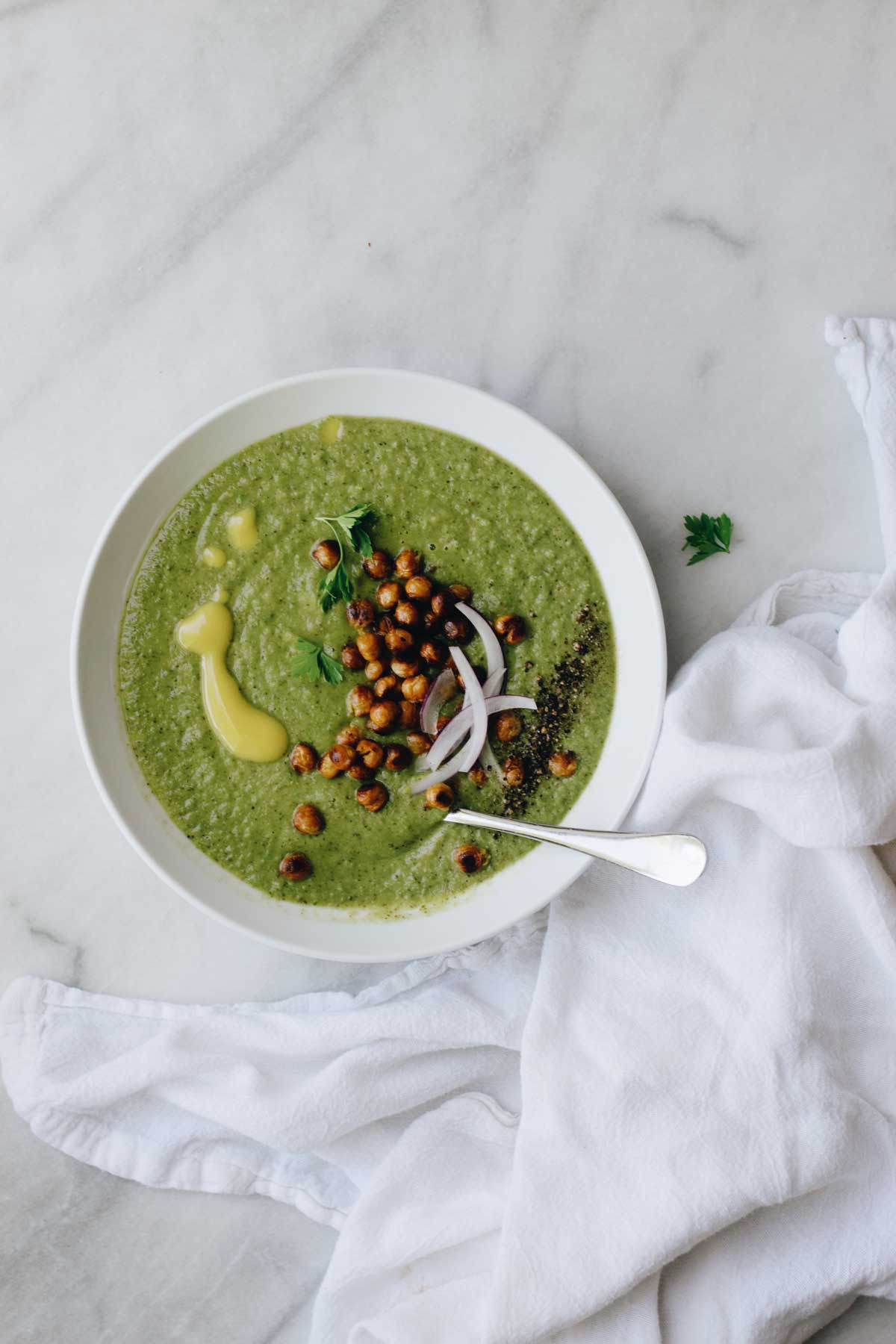 GREEN VEGETABLE SOUP WITH ROASTED CHICKPEAS